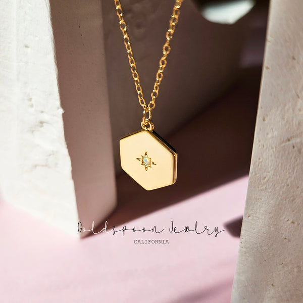 ROCHELLE NECKLACE - OPAL ACCENTED HEXAGON PENDANT NECKLACE