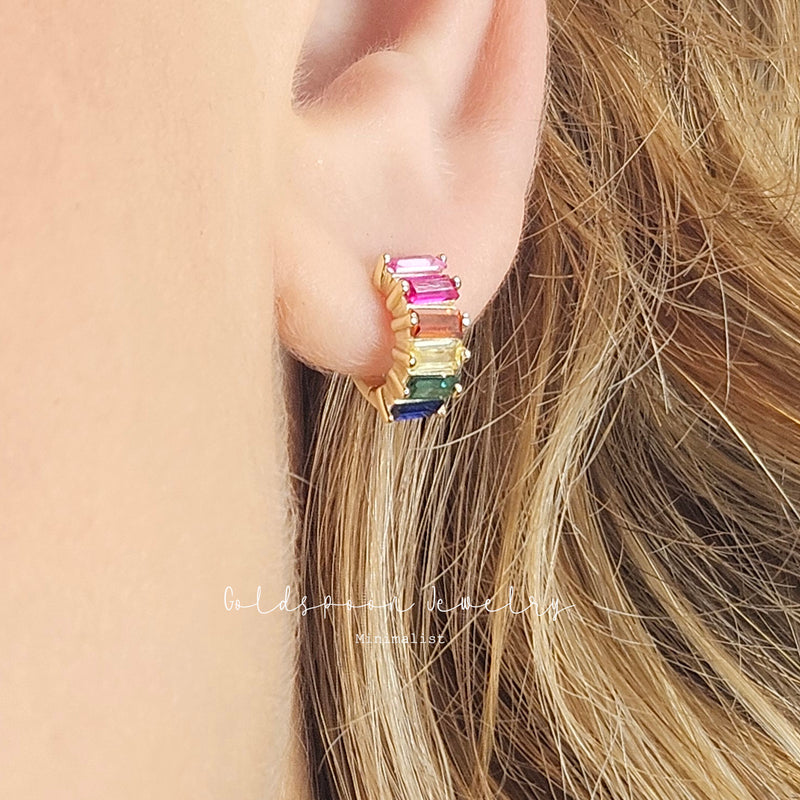 THISBE EARRINGS - RAINBOW BAGUETTE HUGGIE EARRINGS
