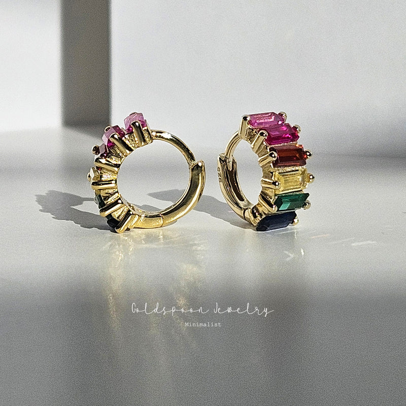 THISBE EARRINGS - RAINBOW BAGUETTE HUGGIE EARRINGS
