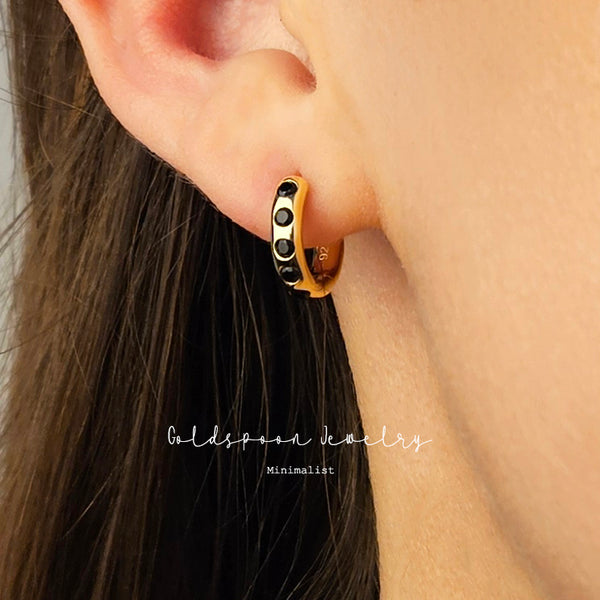 BRINLEY EARRINGS - BLACK DOTS ACCENTED HUGGIE EARRINGS